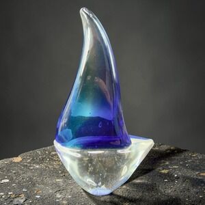 Vintage 2000 Venetian Art Glass Figurine Paperweight Sailing Boat Blue Clear VTG